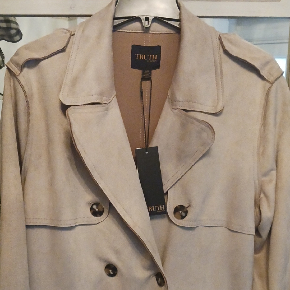 TRUTH  Beige Ultra Suede Double-Breasted Trench Coat. L Stunning! New - Picture 2 of 7
